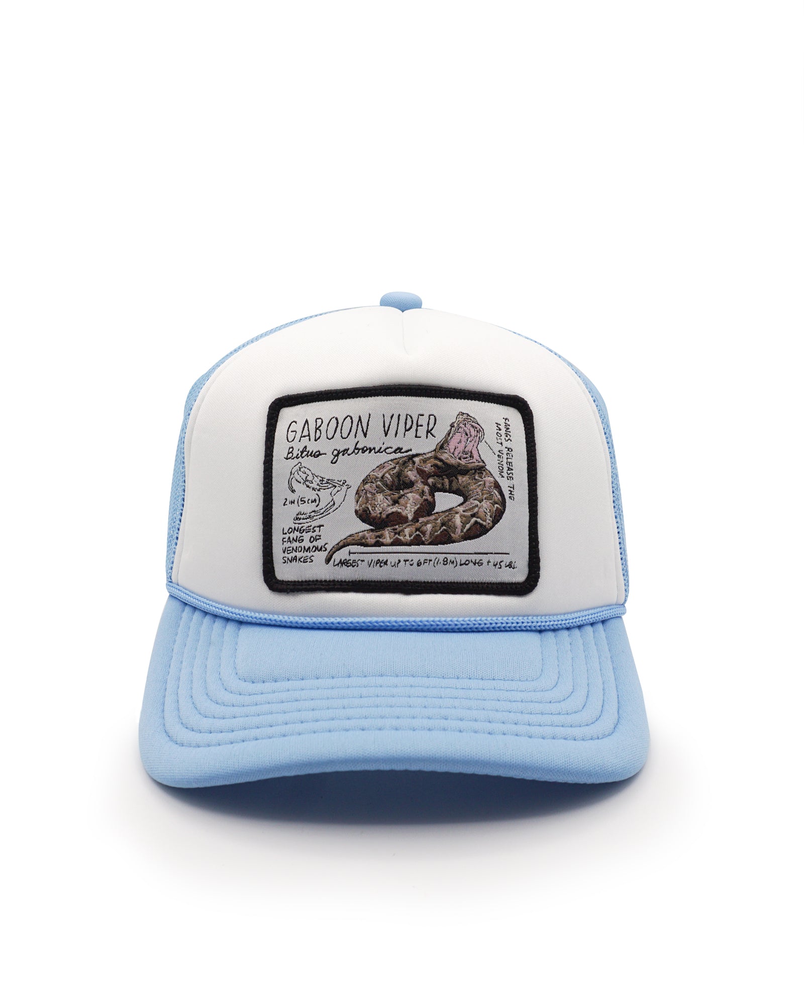 Light blue and white youth trucker hat with a gaboon viper illustration patch on a white background