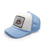 Blue and white youth trucker hat with a gaboon viper patch on a white background