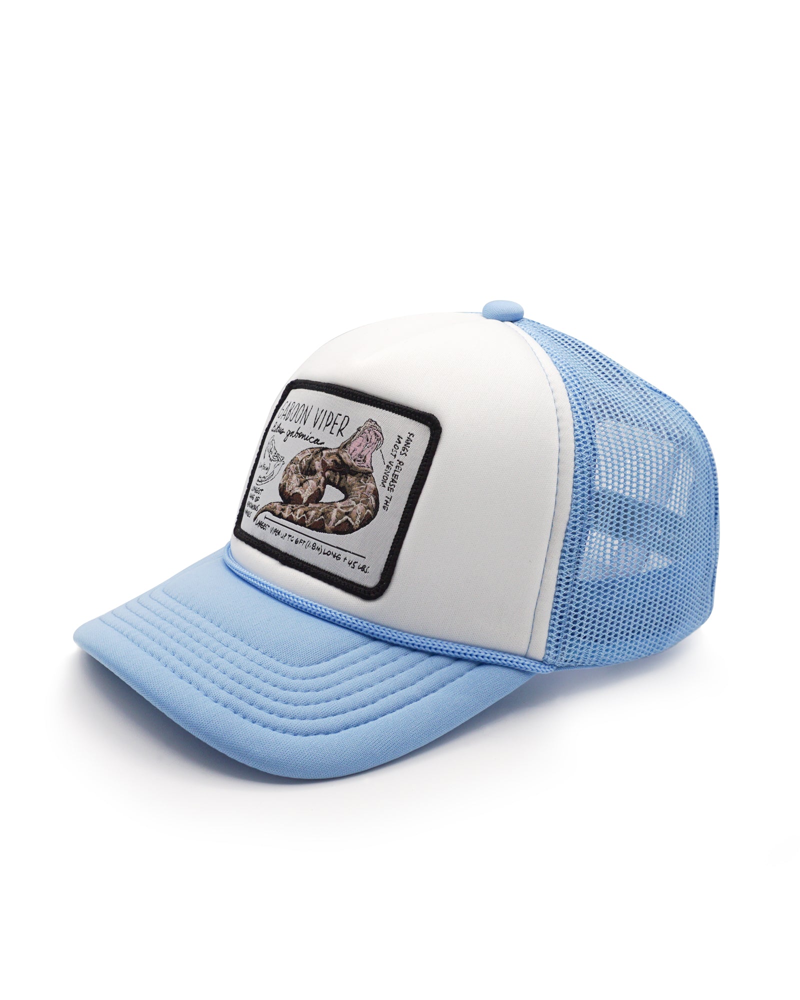 Blue and white youth trucker hat with a gaboon viper patch on a white background