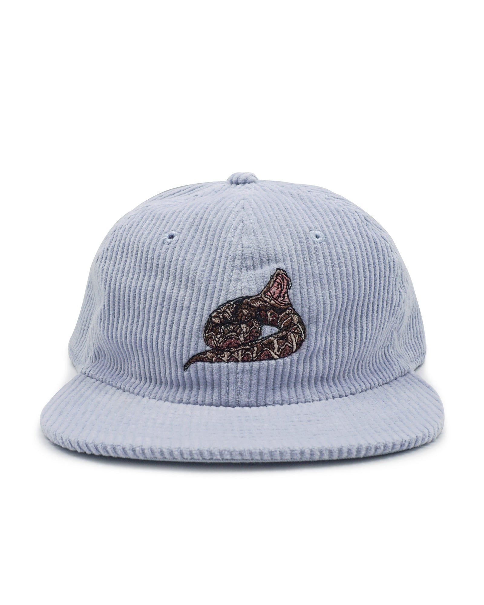 Light blue corduroy cap with a gaboon viper design on a white background