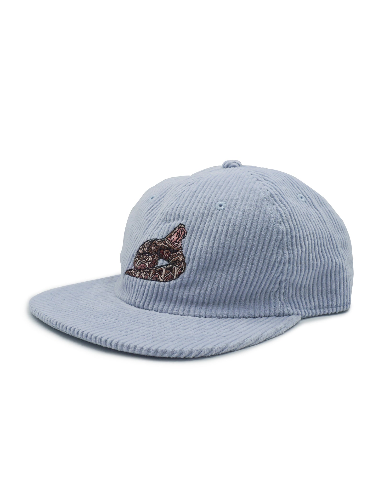 Light blue corduroy cap with a gaboon viper snake design on a white background