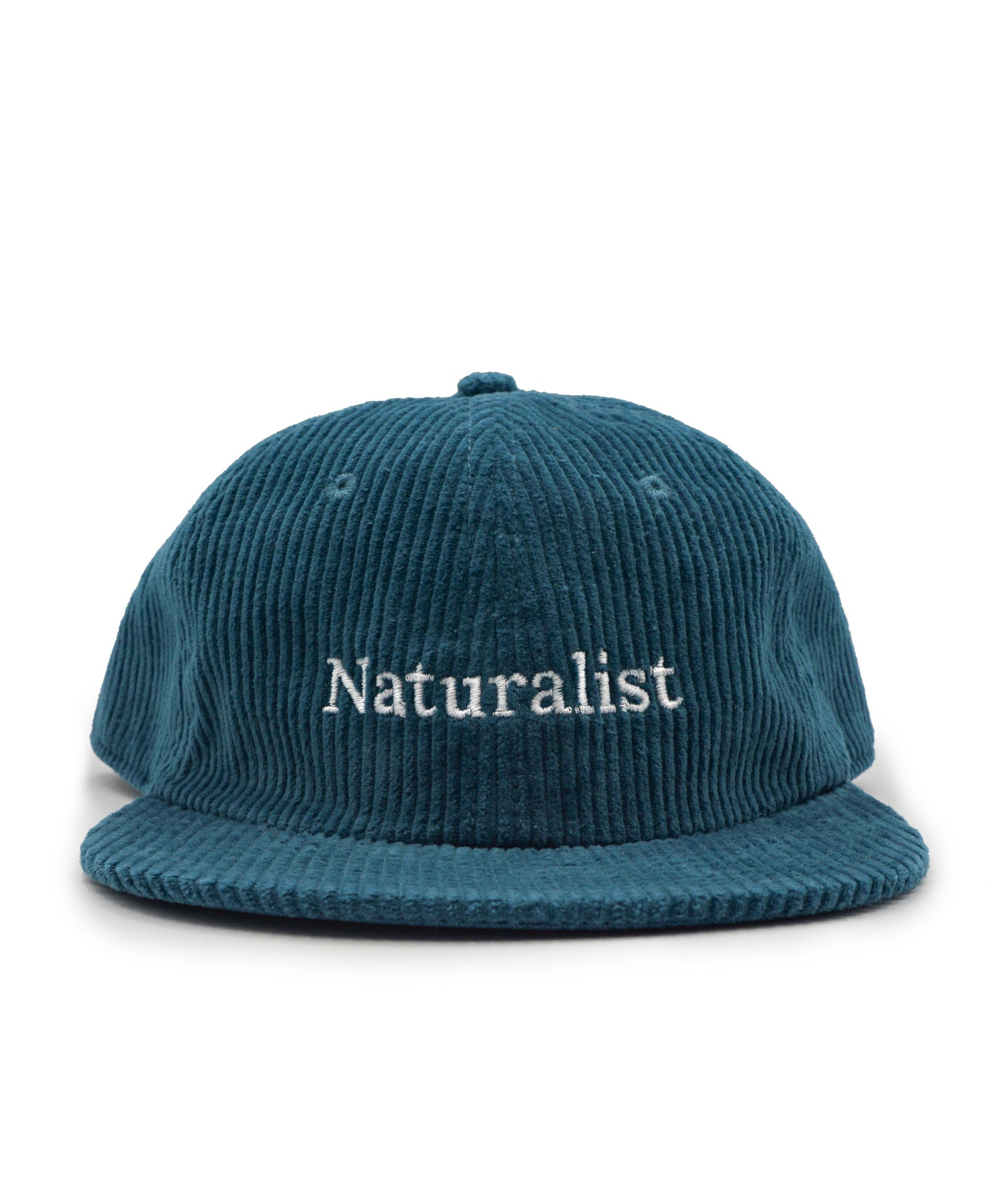 Teal corduroy cap with 'Naturalist' embroidery on a white background