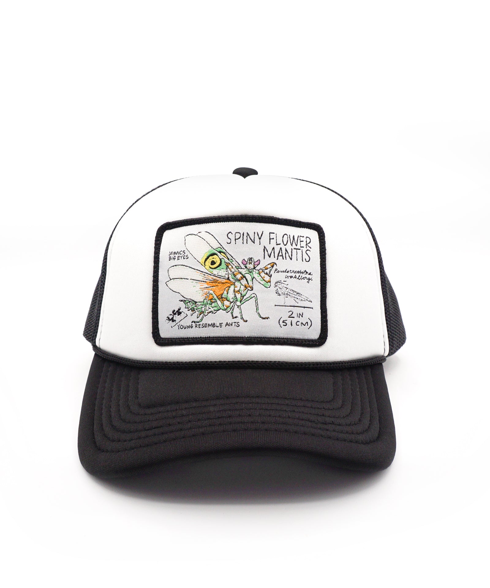 Youth tucker hat with spin flower mantis patch on a white background