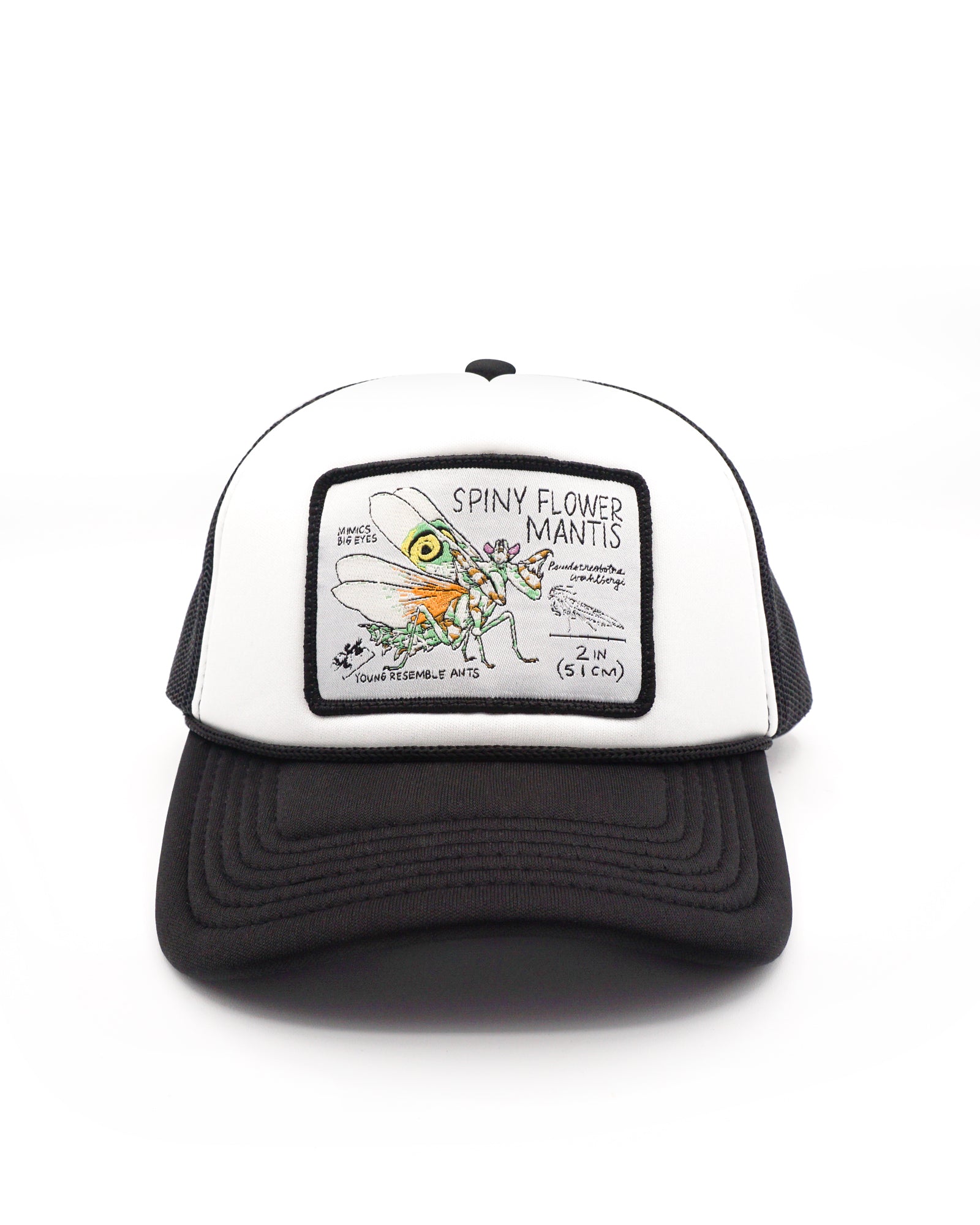Youth tucker hat with spin flower mantis patch on a white background