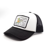 Black and white youth trucker hat with a spiny flower mantis patch on a white background