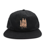 Black cap with embroidered meerkat design on a white background