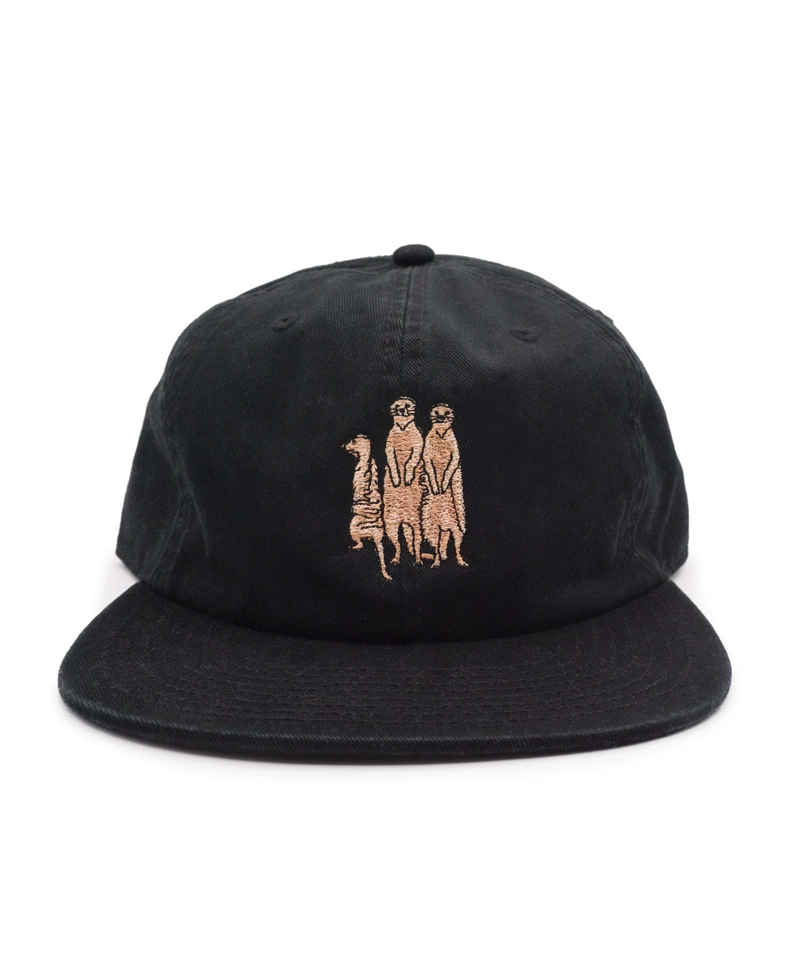 Black cap with embroidered meerkat design on a white background