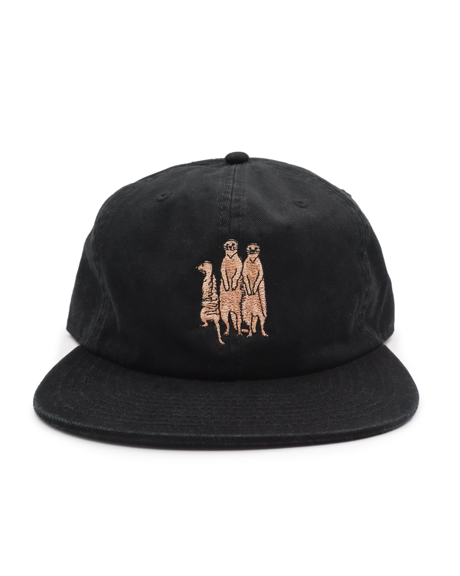 Black cap with embroidered meerkat design on a white background