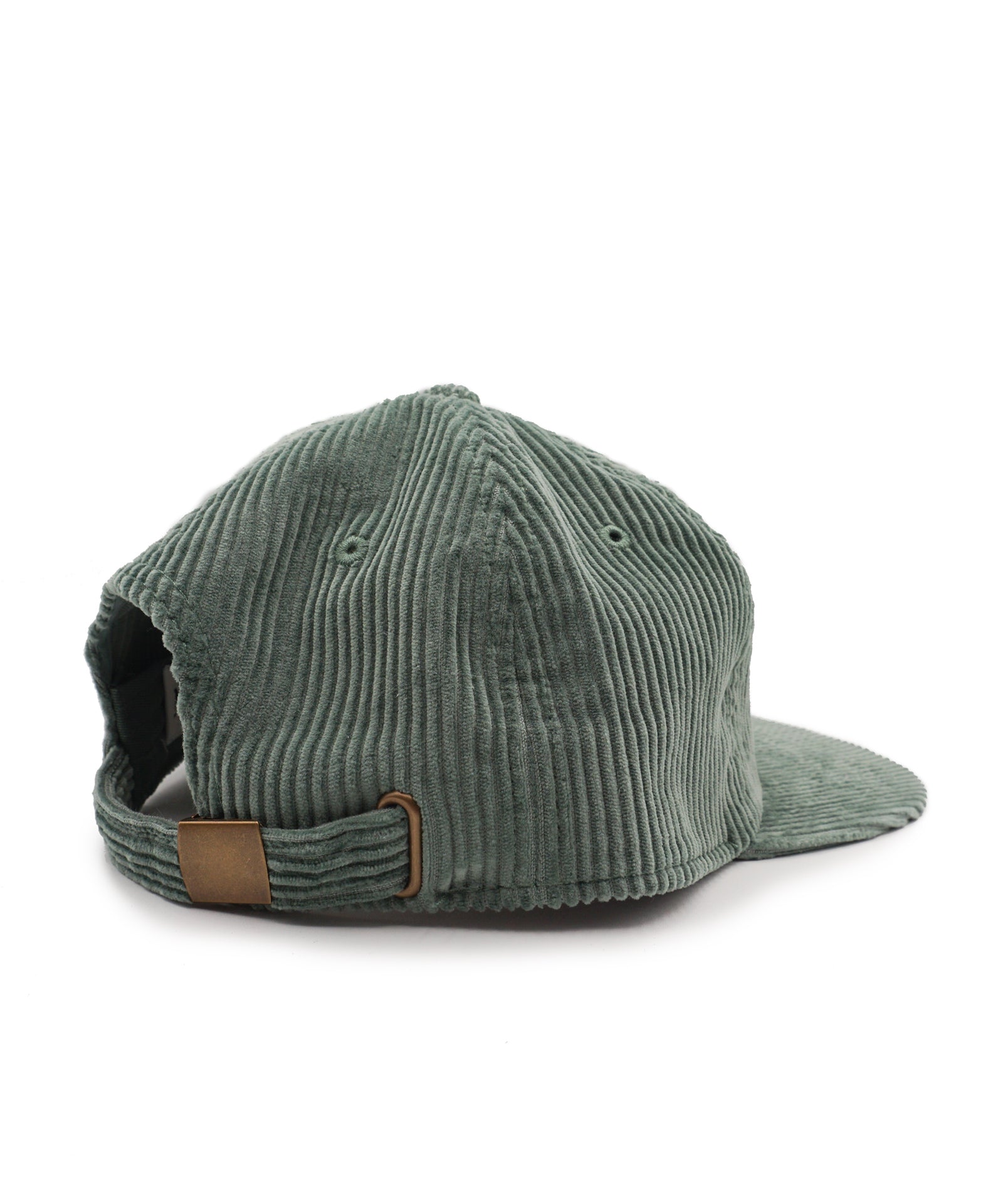 Green meerkat corduroy cap with brown leather strap on a white background
