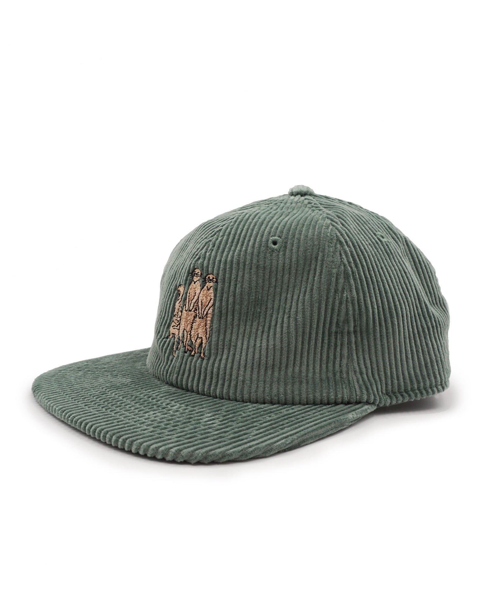 Green corduroy cap with embroidered meerkat design on a white background