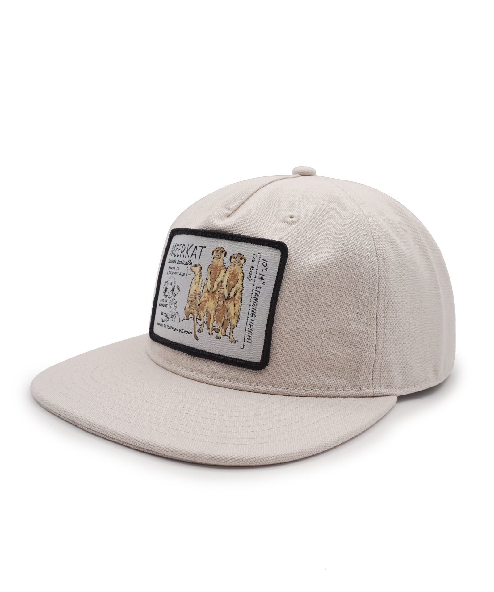 Beige cap with a patch featuring meerkats on and text on a white background