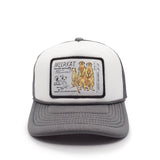 Youth trucker hat with a patch featuring three meerkats on a white background