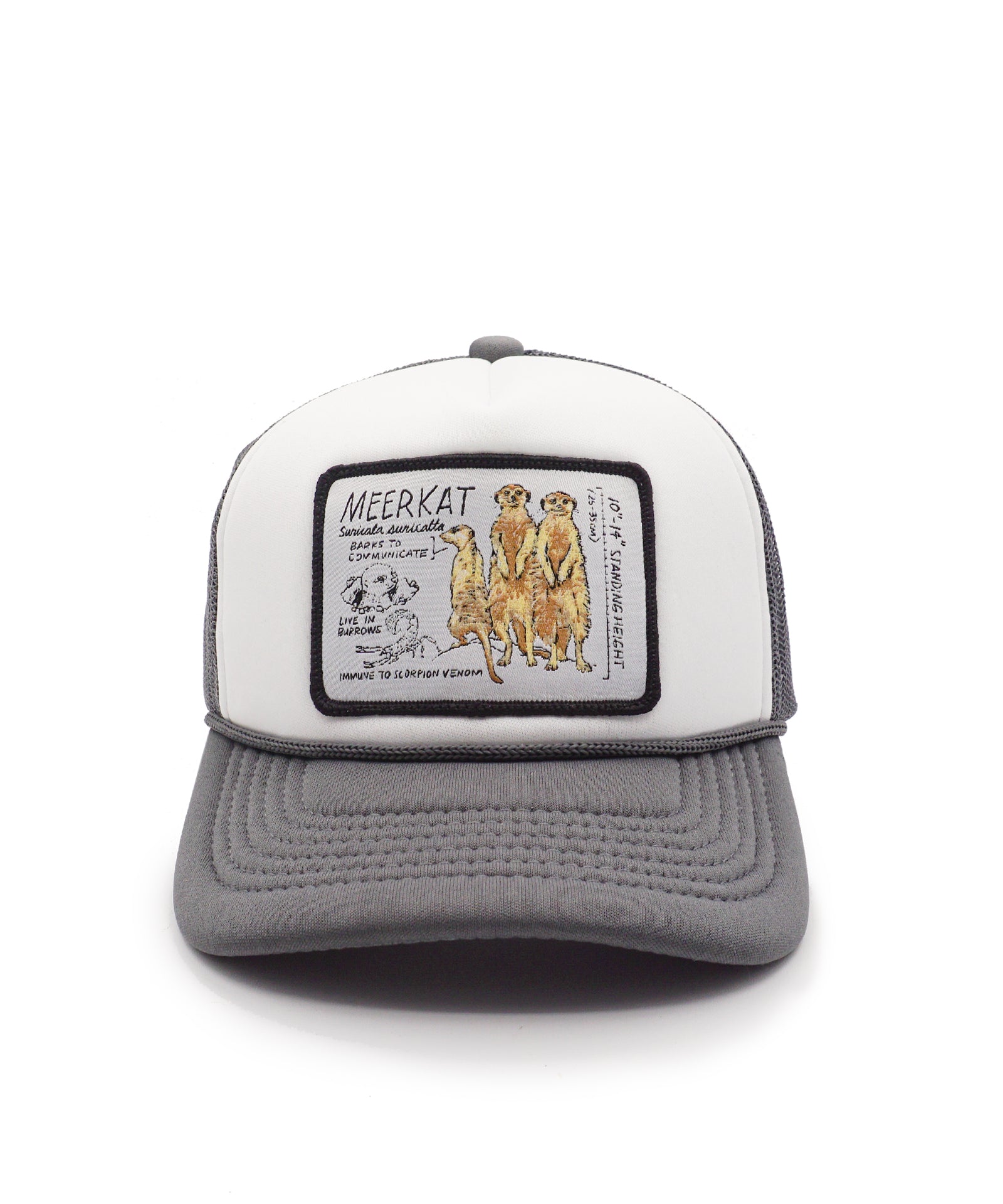 Youth trucker hat with a patch featuring three meerkats on a white background