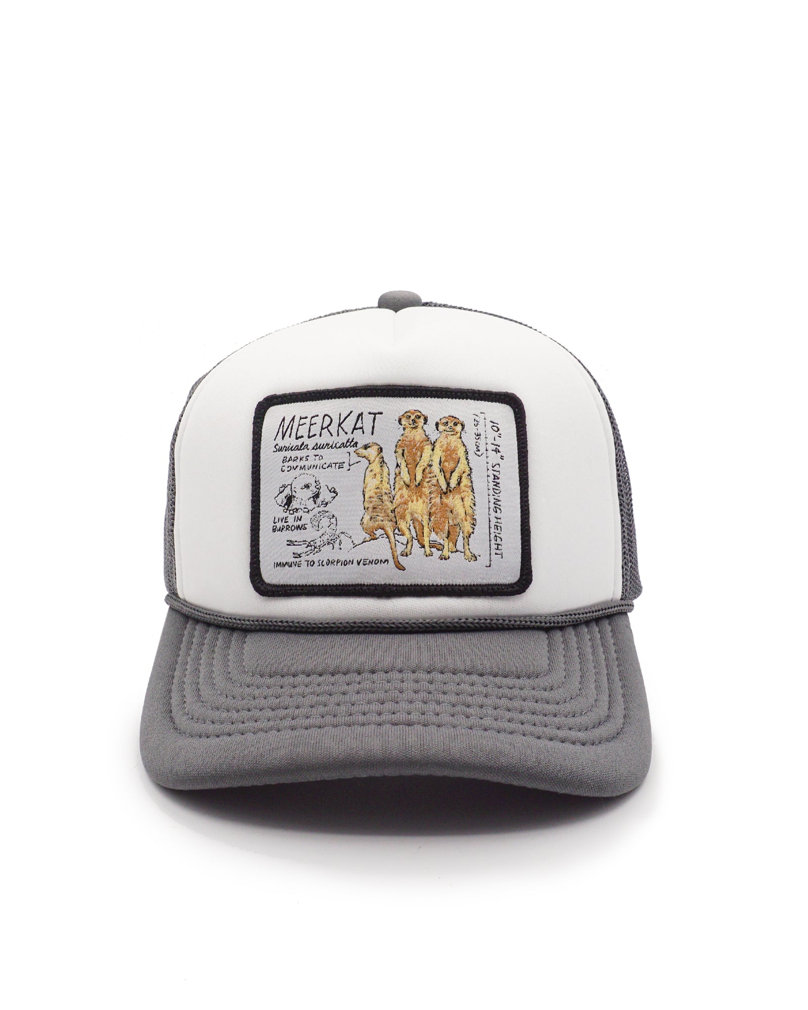 Youth trucker hat with a patch featuring three meerkats on a white background