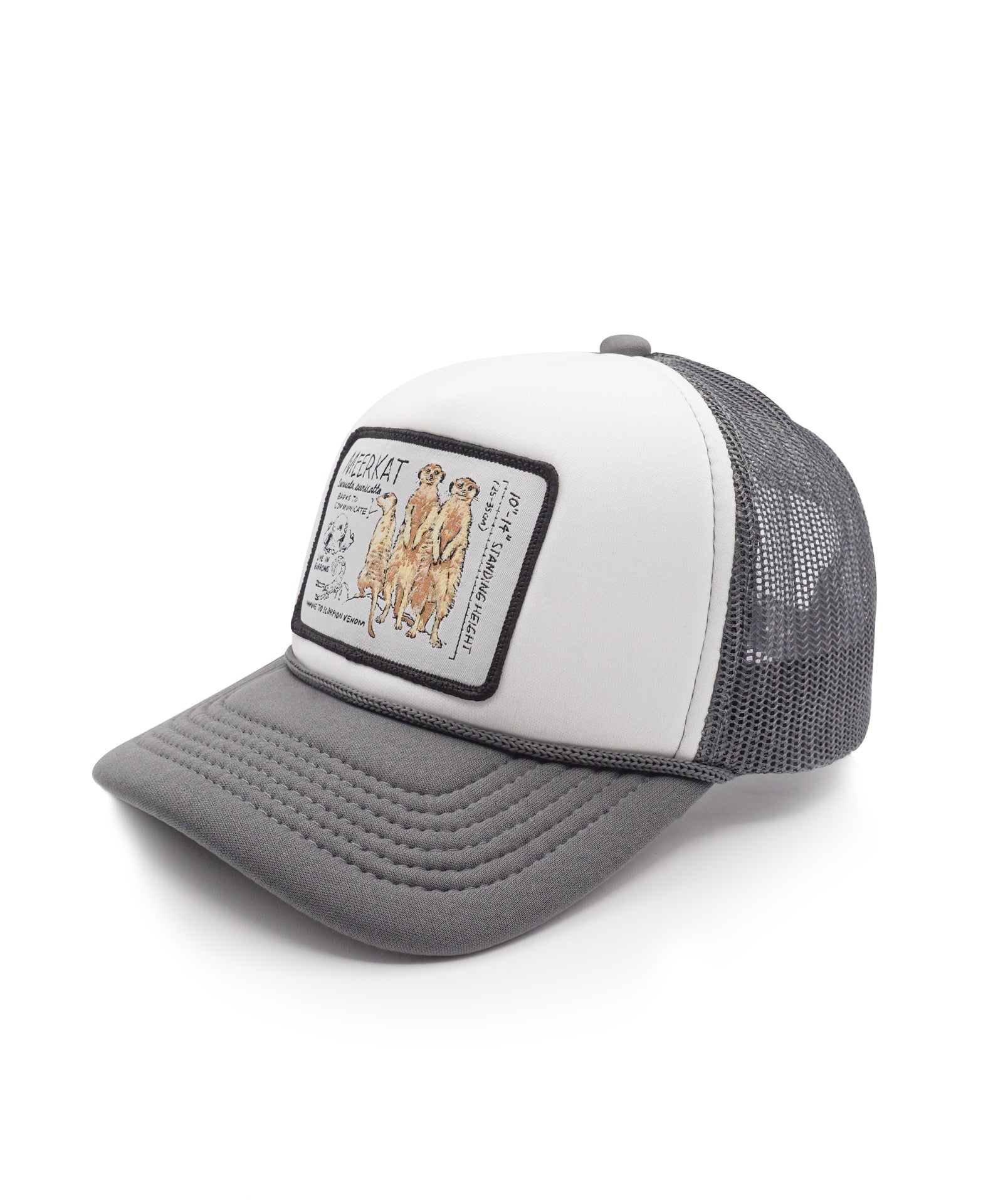 Gray and white youth trucker hat with a meerkat patch on a white background