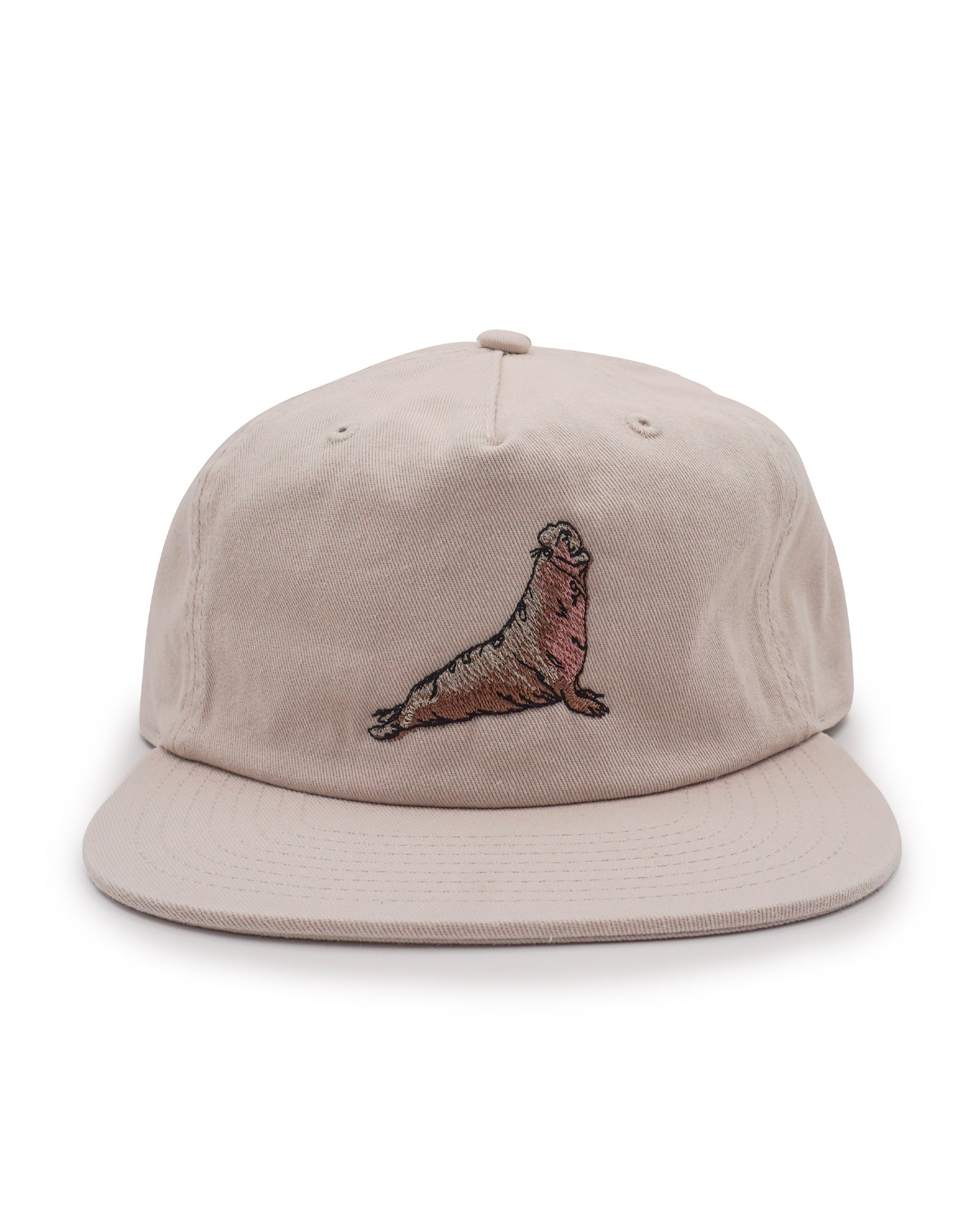 Beige cap with an elephant seal embroidered on a white background
