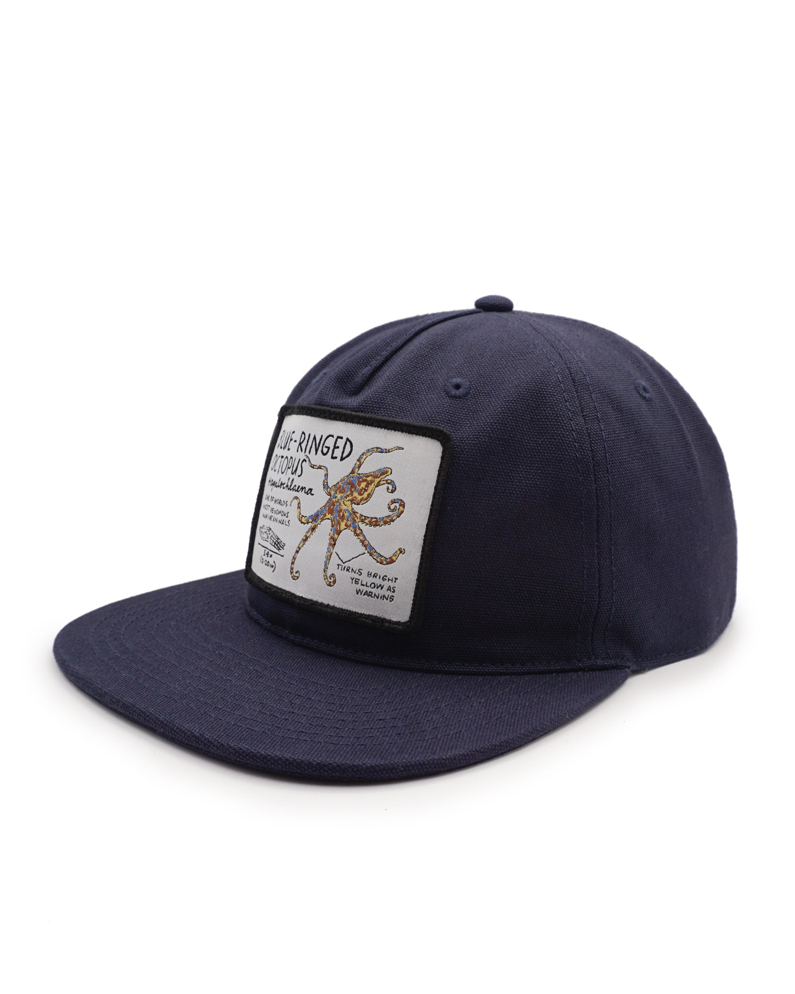 Navy blue cap with a patch featuring an octopus design on a white background