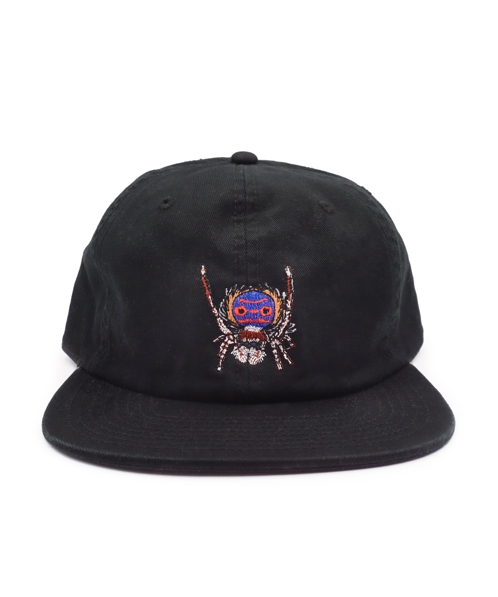 Black cap with a peacock spider design on a white background