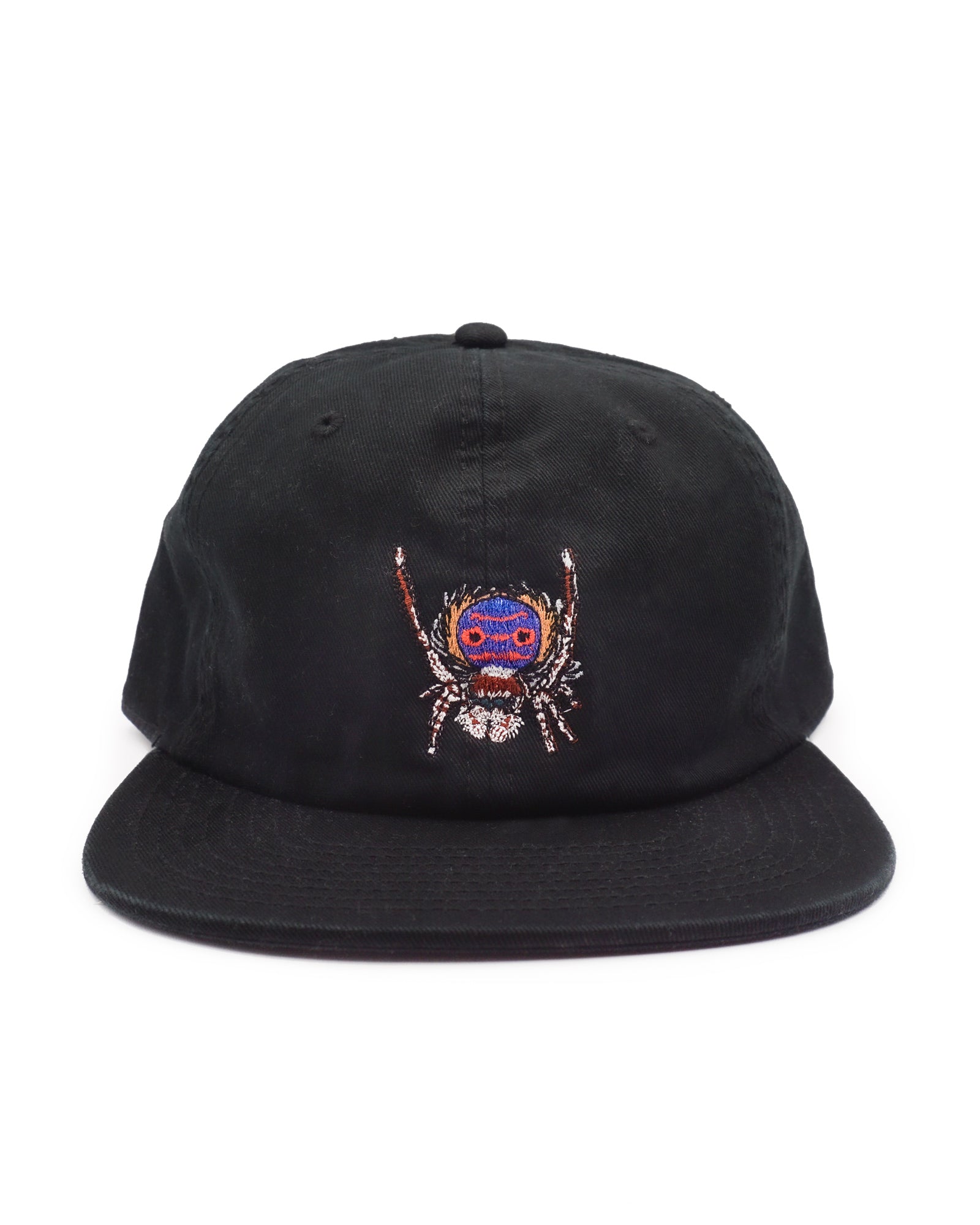 Black cap with a peacock spider design on a white background