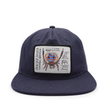 Navy blue cap with a peacock spider graphic and text patch on a white background