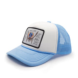 Blue and white peacock spider youth trucker hat with a patch on a white background