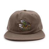 Brown cap with a colorful embroidered spiny flower mantis design on a white background