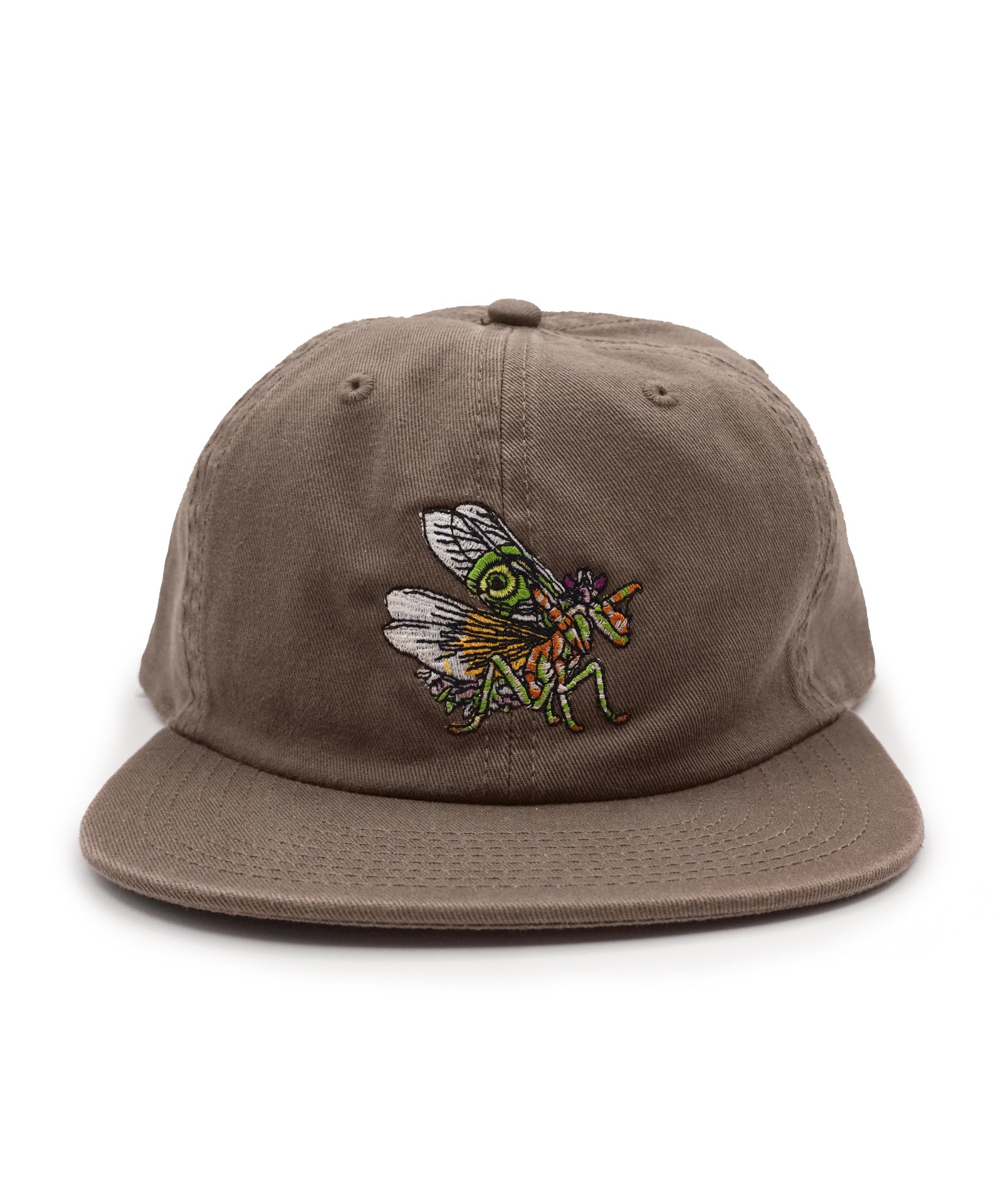 Brown cap with a colorful embroidered spiny flower mantis design on a white background