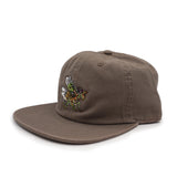 Brown cap with embroidered spiny flower mantis design on a white background