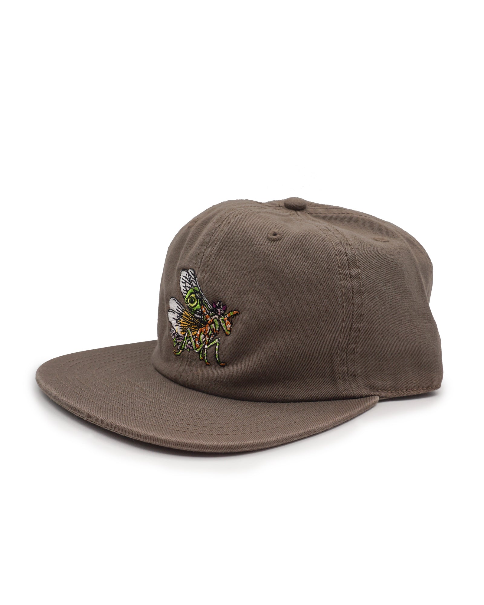 Brown cap with embroidered spiny flower mantis design on a white background