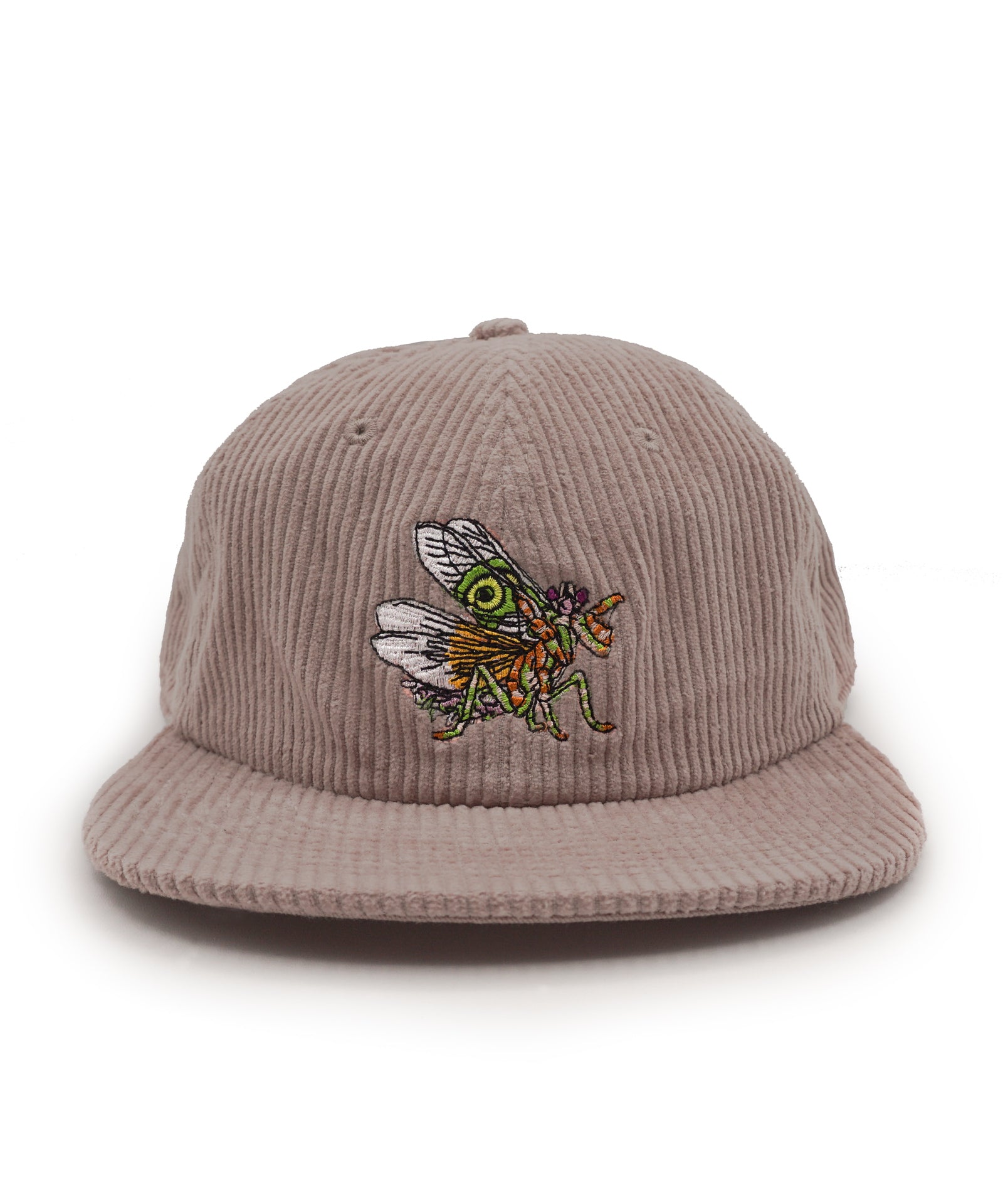 Beige corduroy cap with a colorful spiny flower mantis design on a white background