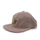Brown corduroy cap with embroidered spiny flower mantis design on a white background