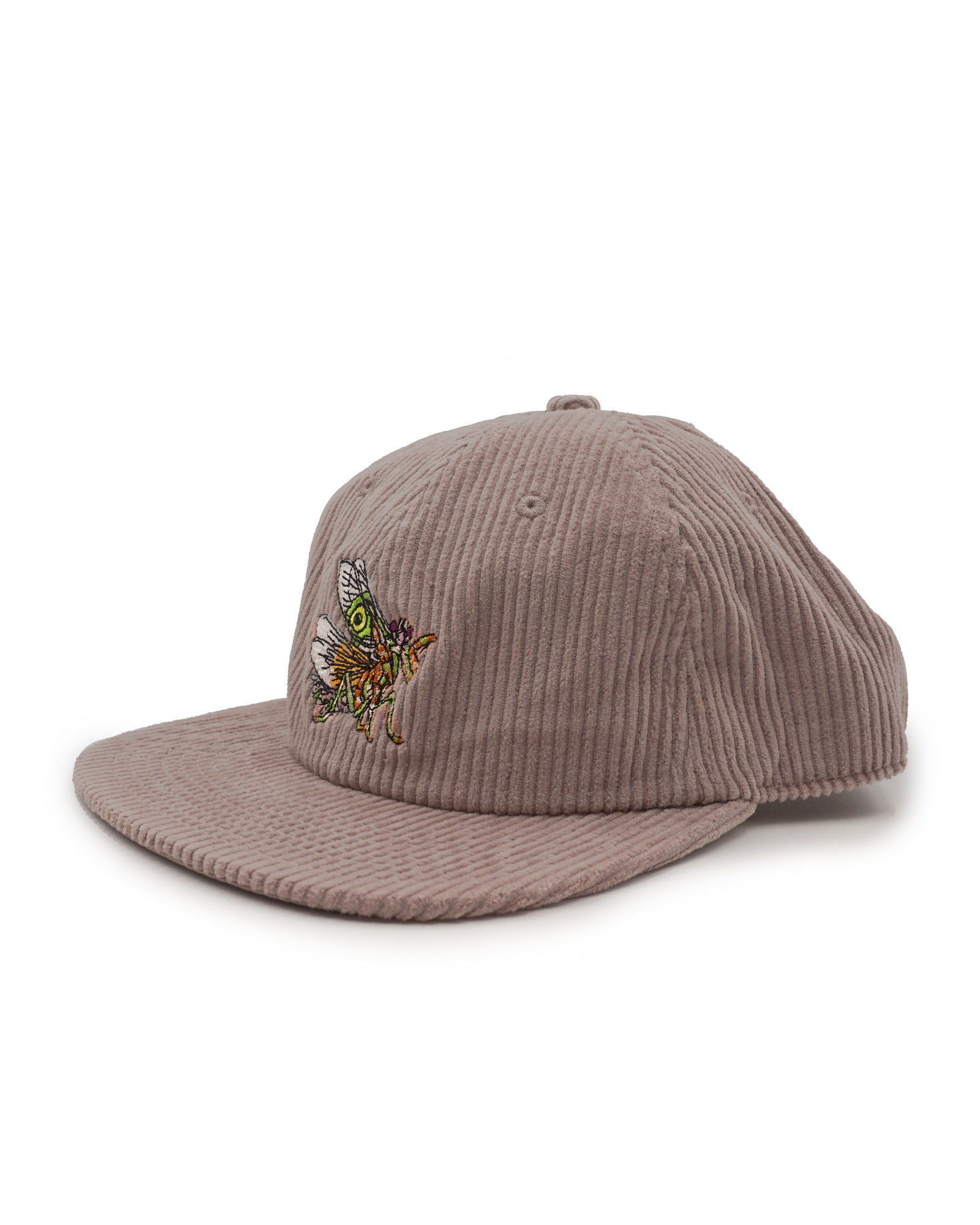 Brown corduroy cap with embroidered spiny flower mantis design on a white background