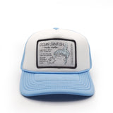 Youth trucker hat with ocean sunfish design and text on a white background