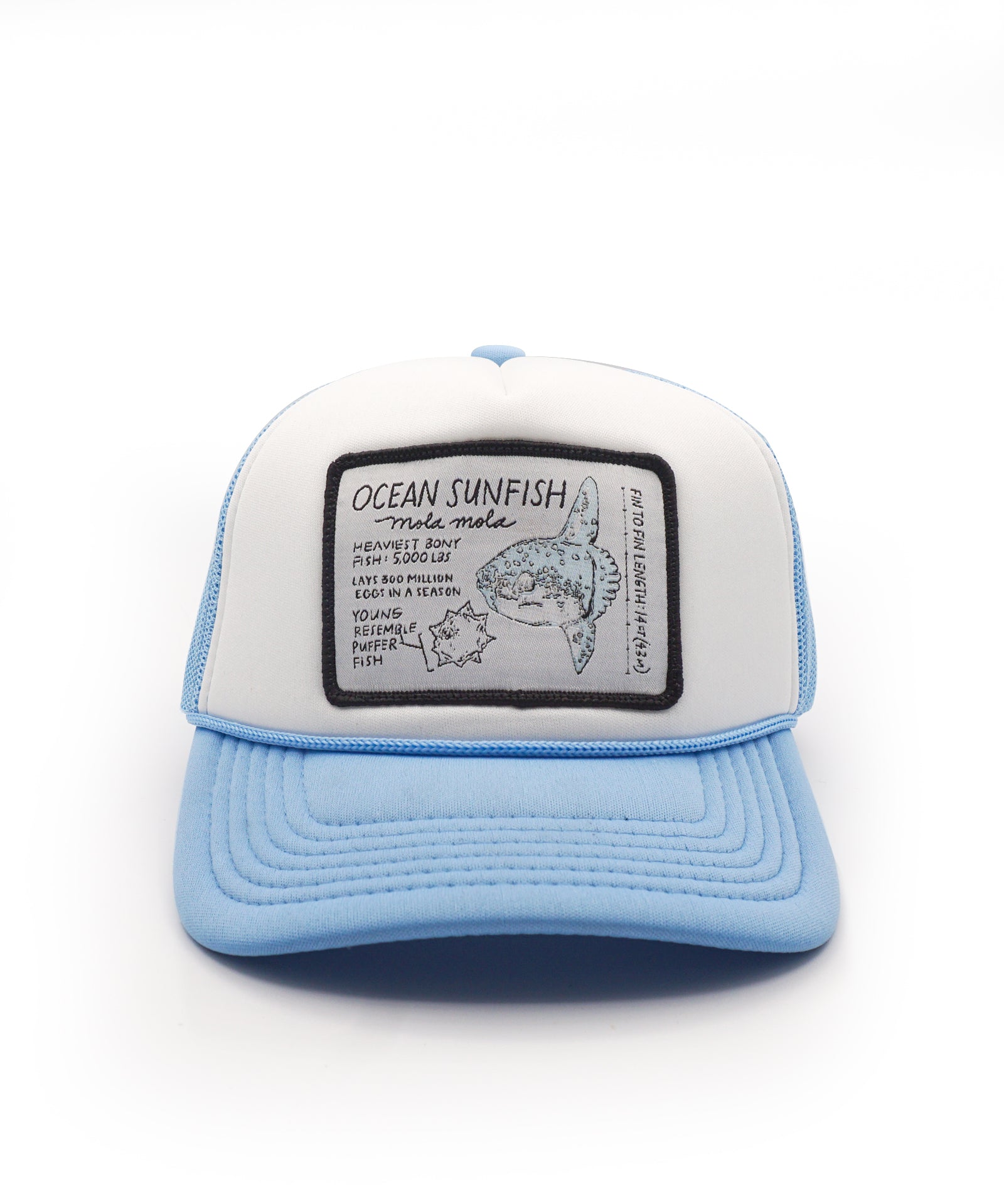 Youth trucker hat with ocean sunfish design and text on a white background
