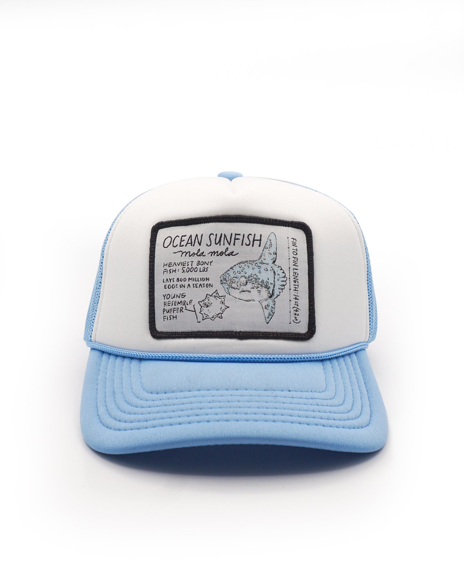 Youth trucker hat with ocean sunfish design and text on a white background
