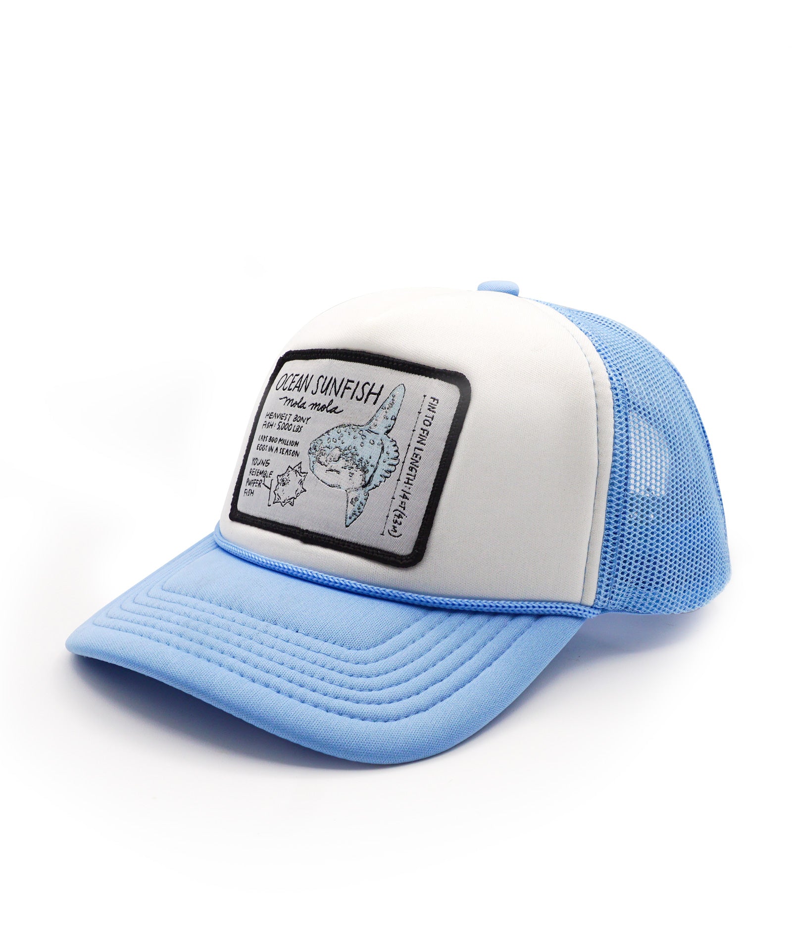 Blue and white youth trucker hat with a ocean sunfish patch on a white background