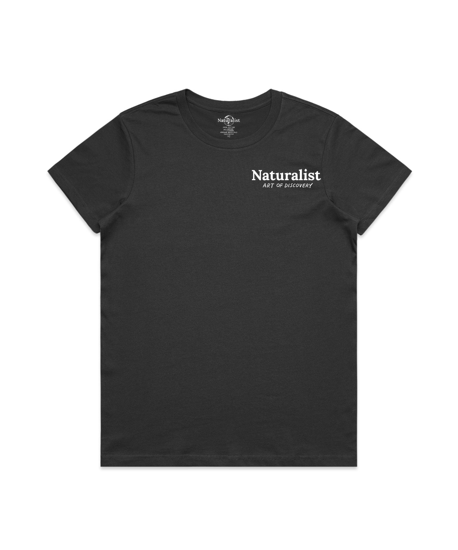 Black t-shirt with 'Naturalist' text on a white background