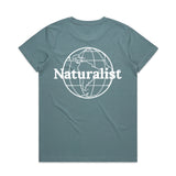 Teal t-shirt with 'Naturalist' globe design on a white background