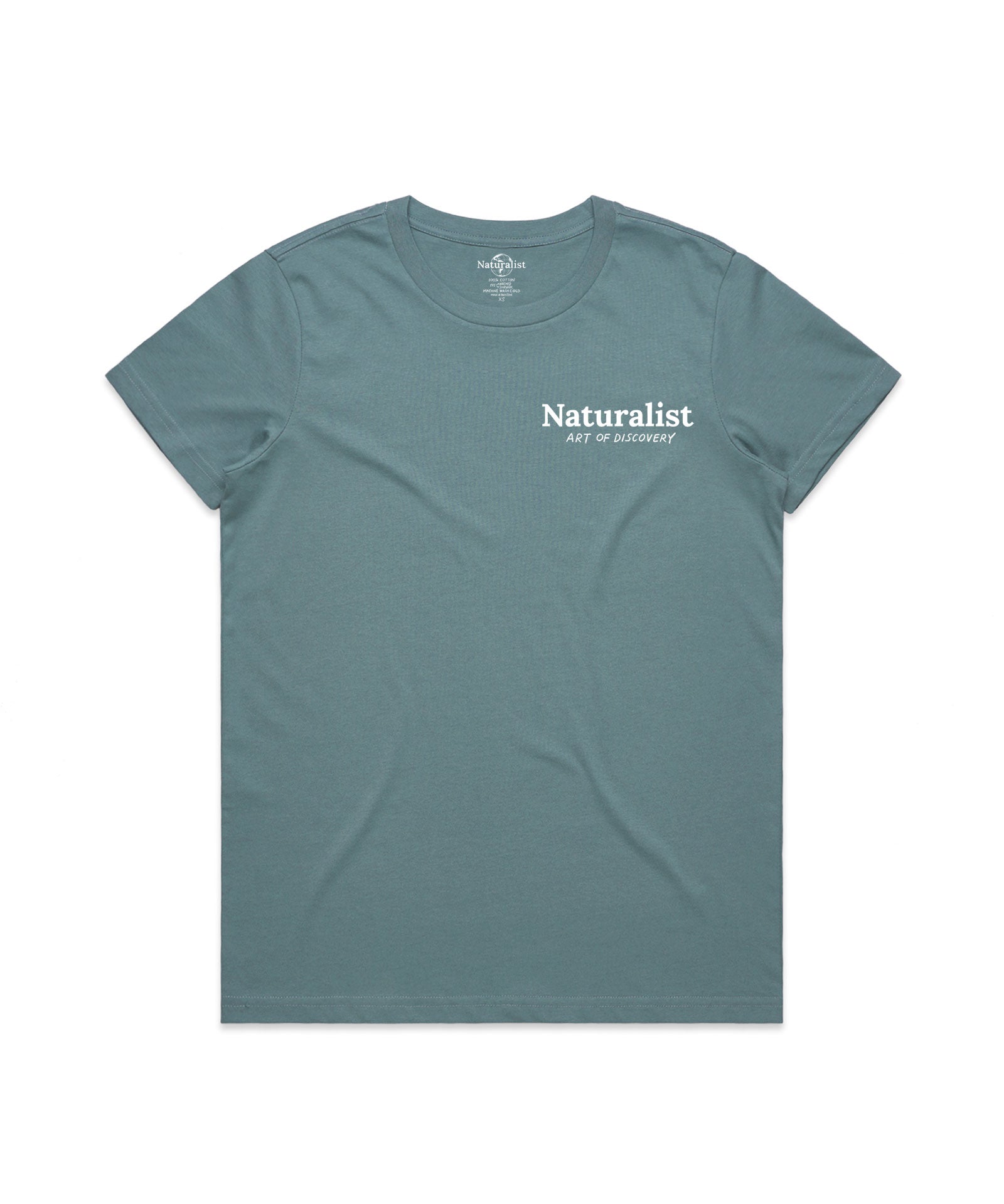 Teal t-shirt with 'Naturalist' text on a white background
