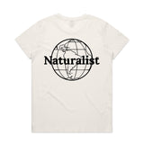White t-shirt with 'Naturalist' globe design on a white background