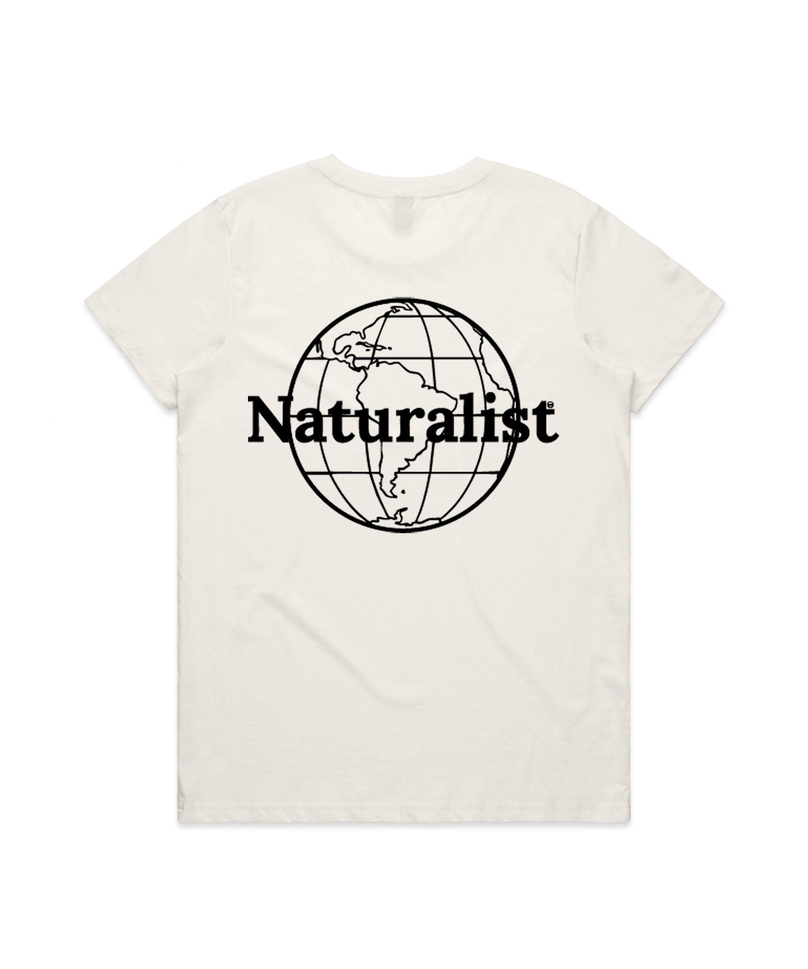 White t-shirt with 'Naturalist' globe design on a white background
