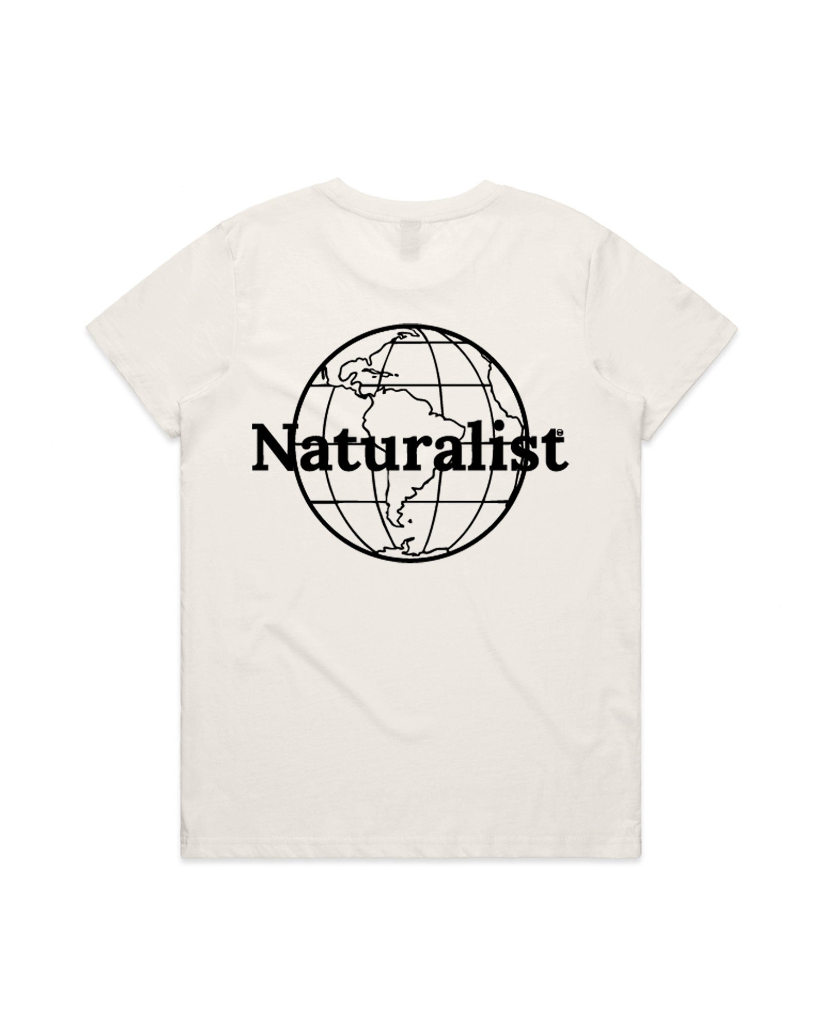 White t-shirt with 'Naturalist' globe design on a white background