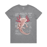 Gray t-shirt with axolotl graphic and text on a white background