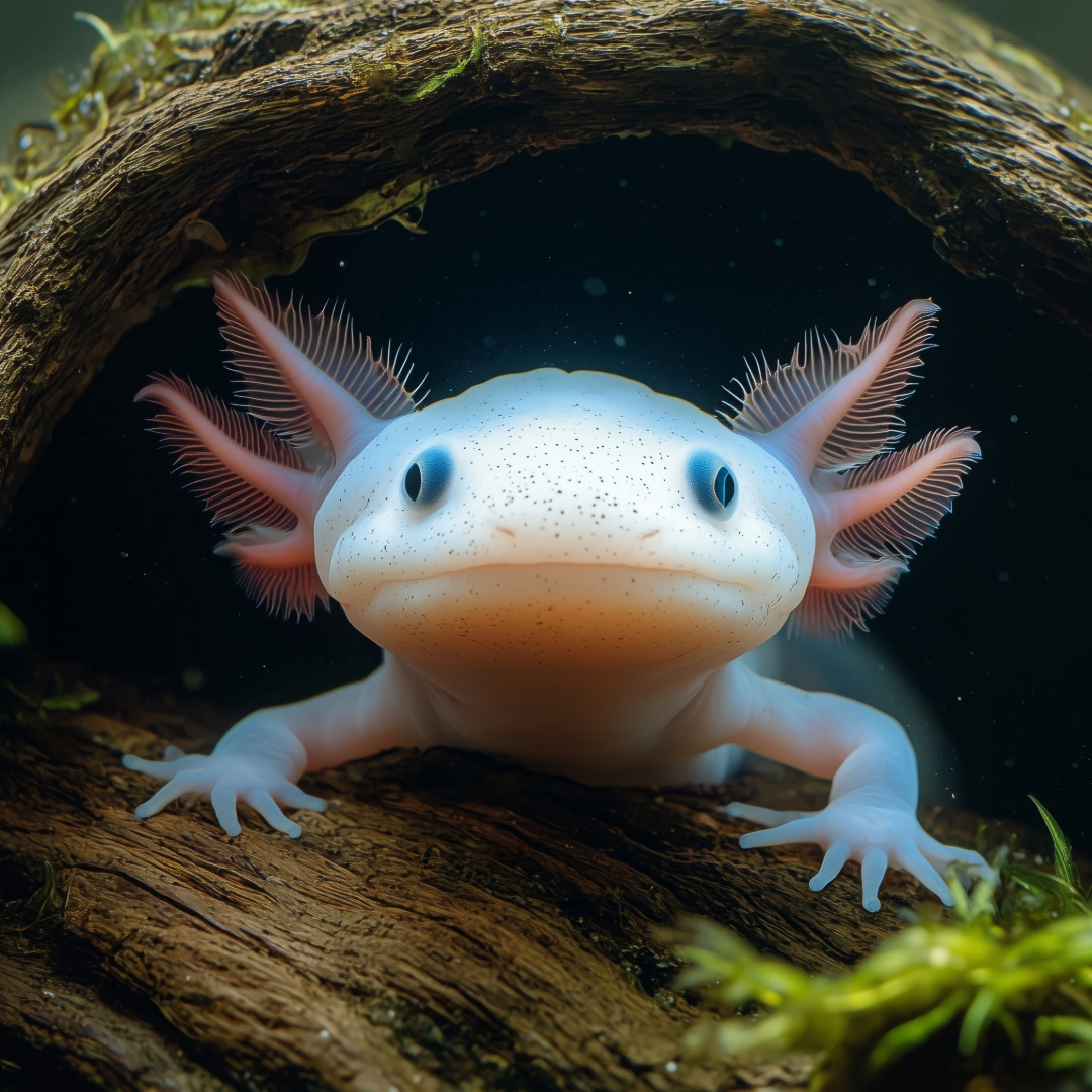 Axolotl hiding behind a piece of wood with a dark background
