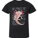Black t-shirt with an axolotl graphic and text on a white background