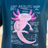 Navy blue t-shirt with pink axolotl graphic and text on a blurred natural background