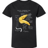Black t-shirt with a Pacific banana slug illustration on a white background