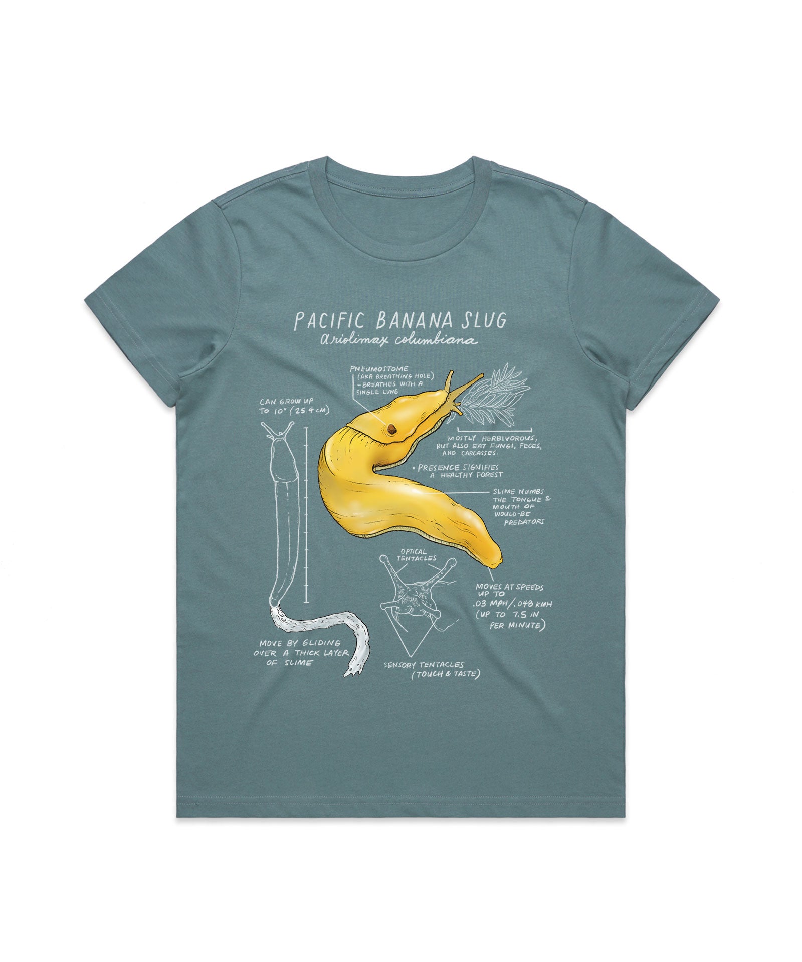 T-shirt with a Pacific banana slug graphic and text on a white background