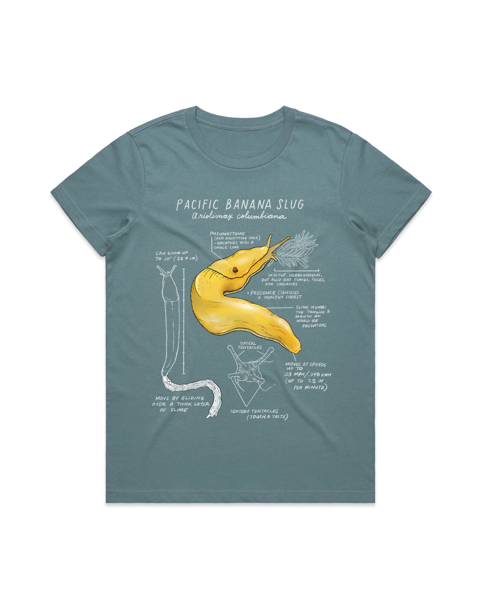 T-shirt with a Pacific banana slug graphic and text on a white background