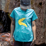Person wearing a blue t-shirt with a yellow banana graphic and a cap, standing against a rocky background.